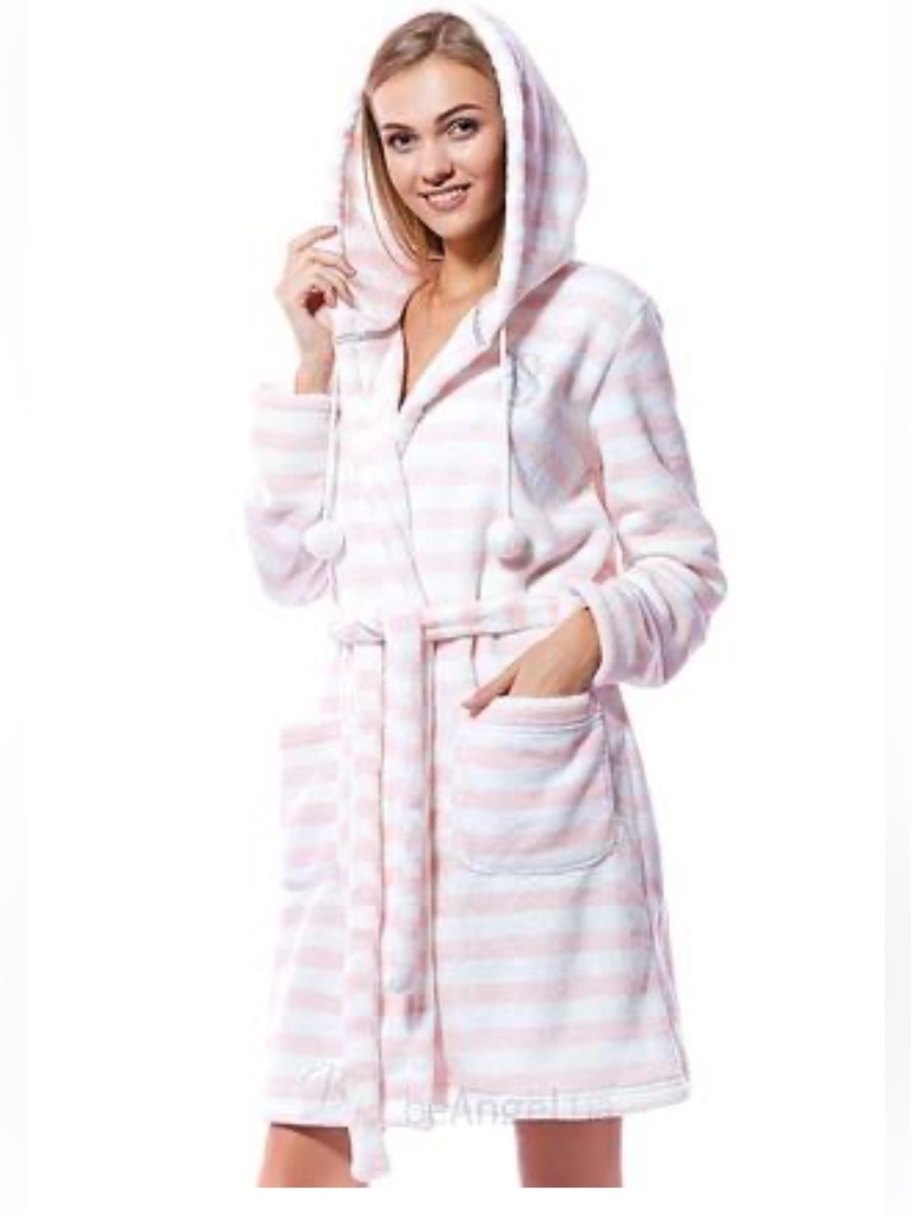 Victoria Secret Plush Bath Robe Peignoir Hoodie Pink Blush/White Size L